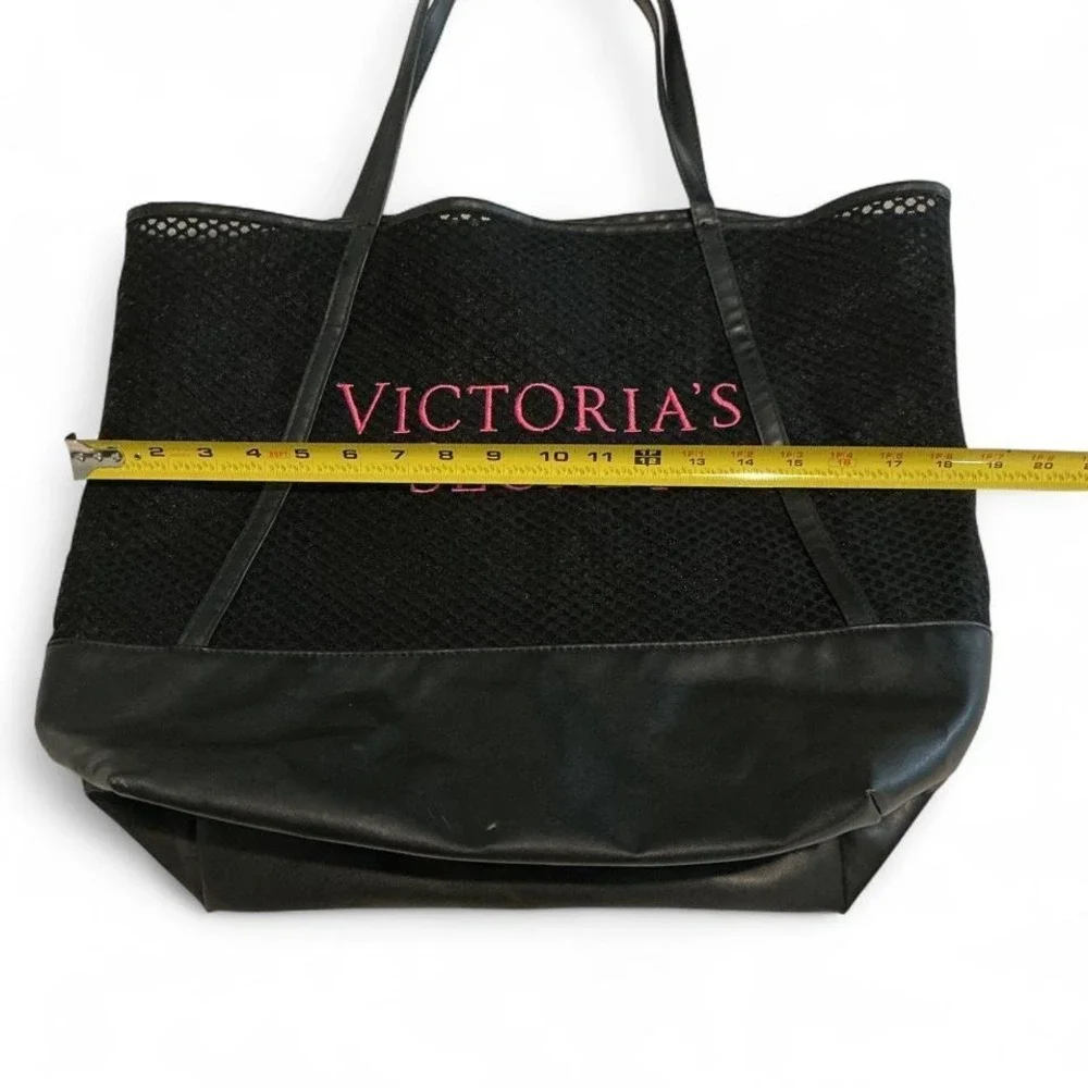 Victoria's Secret Tote Bag Women Large Black Mesh Pink Logo Good Tassel Mesh Bag - Picture 2 of 8